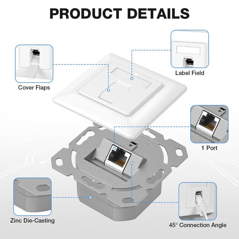 OFFCUP Network Socket, 2x Set 500 MHz 10 Gbit/s Ethernet Socket, Network Box with 1 RJ45 Port, 80mm×80mm for Ethernet LAN Installation Cable - Image 3
