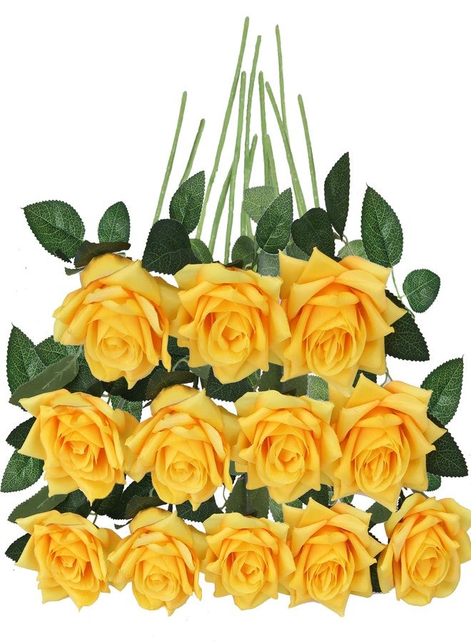 GREENTIME 12 Pack Yellow Fake Roses Artificial Flowers with Stems Silk Flower Bouquet for Home Table Centerpiece Wedding Bridal Decor Baby Shower Engagement Party Decorations - Image 1
