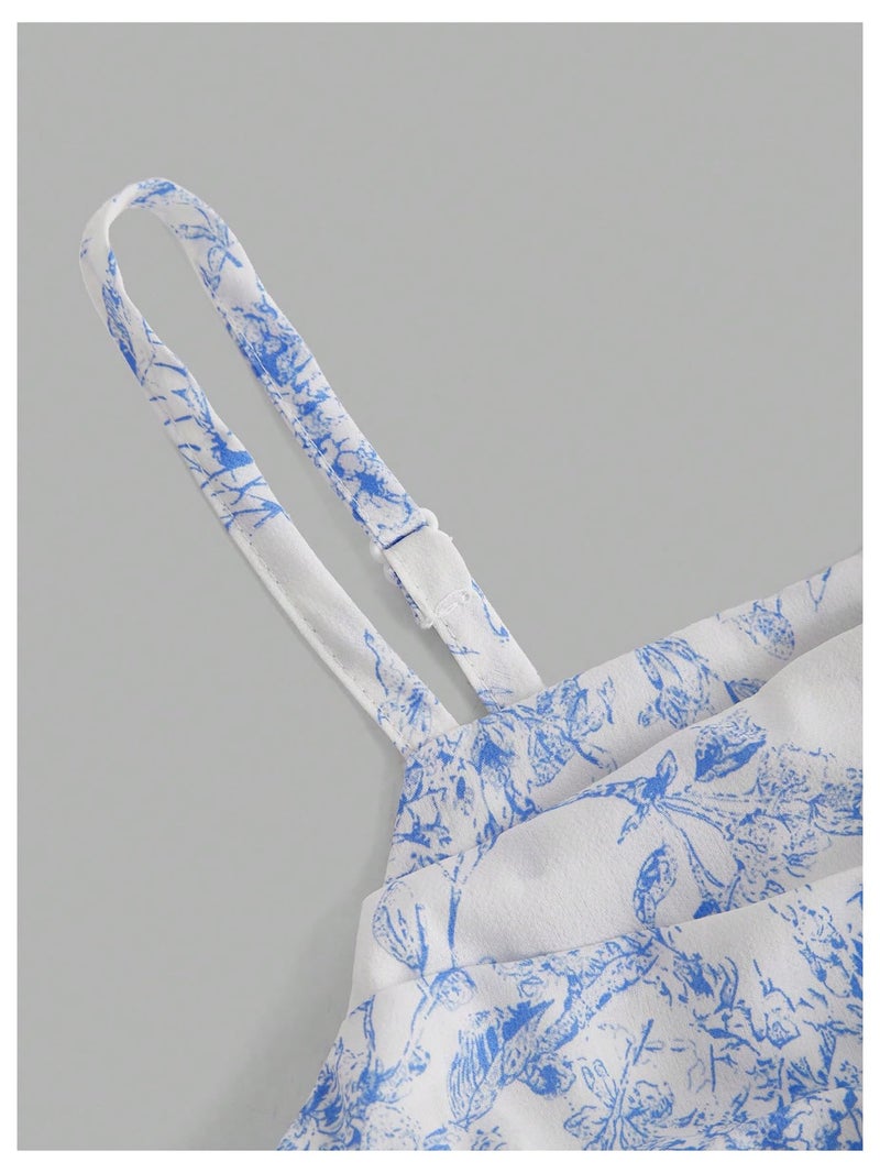 Floerns Girl's Floral Print Sleeveless Ruched Ruffle Hem A Line Cami Short Dress White Blue 11Y - Image 5