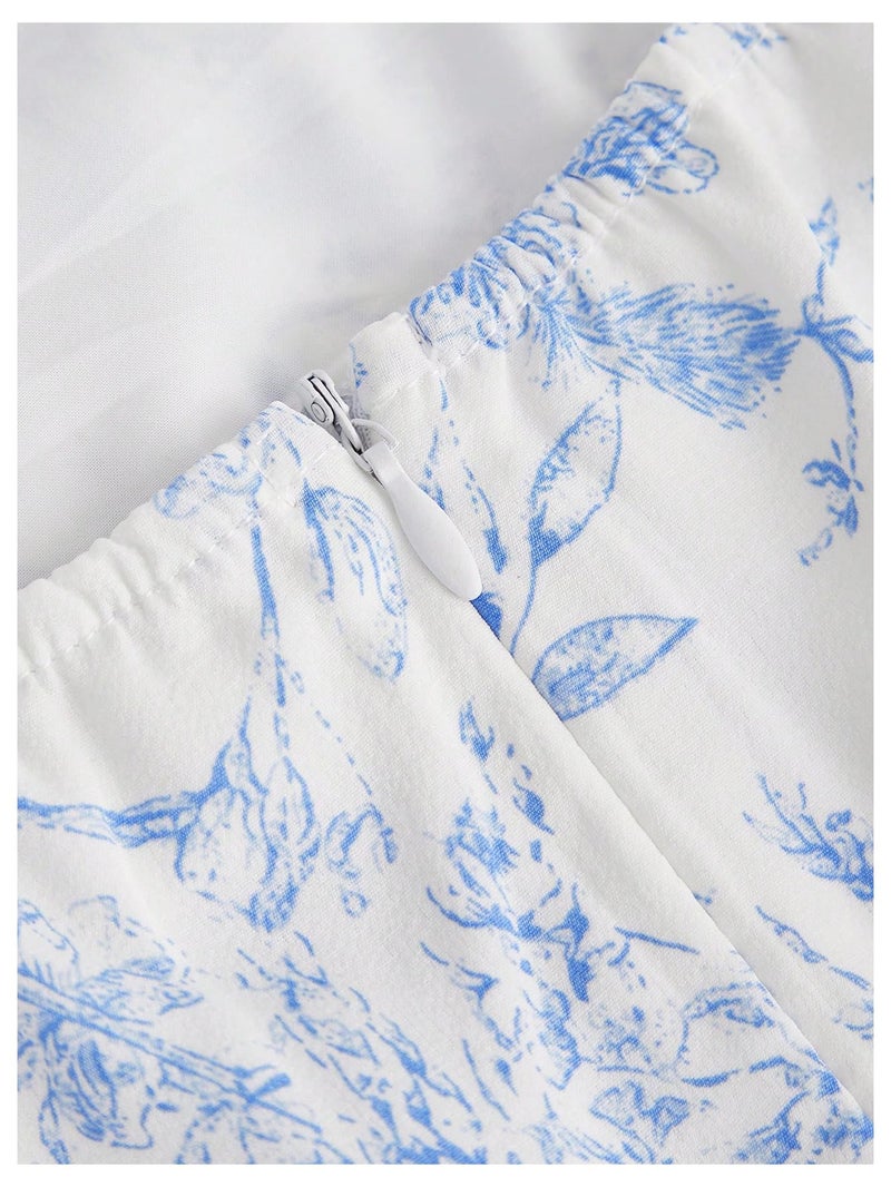 Floerns Girl's Floral Print Sleeveless Ruched Ruffle Hem A Line Cami Short Dress White Blue 11Y - Image 2
