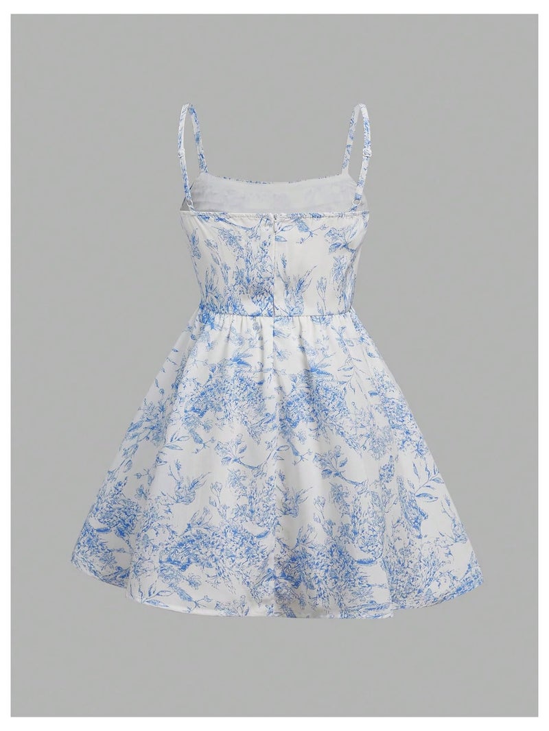 Floerns Girl's Floral Print Sleeveless Ruched Ruffle Hem A Line Cami Short Dress White Blue 11Y - Image 3