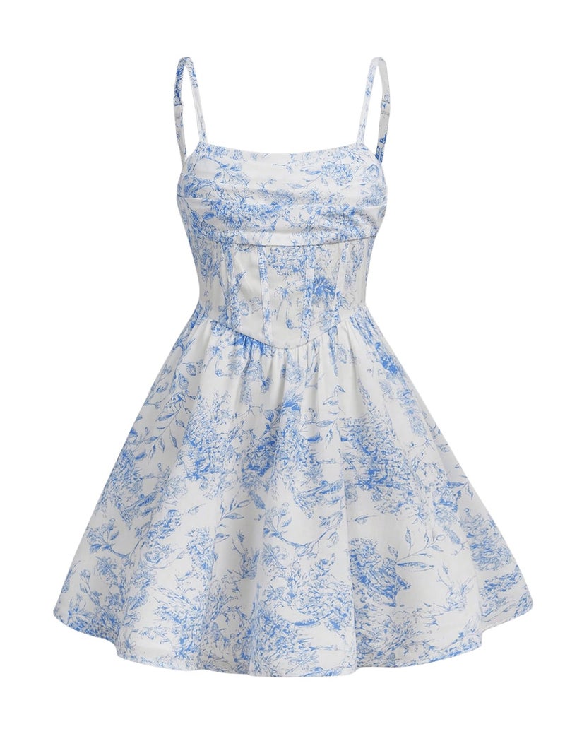 Floerns Girl's Floral Print Sleeveless Ruched Ruffle Hem A Line Cami Short Dress White Blue 11Y - Image 1