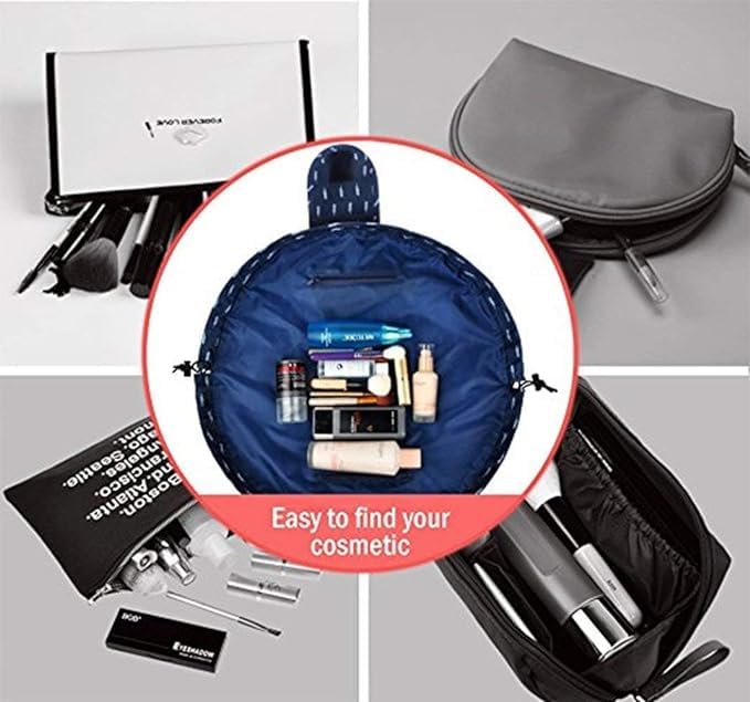 Nirvik Women's Waterproof Travel Cosmetic Bag | Multifunction Portable Makeup & Toiletry Organizer with Drawstrings | Lazy Travel Storage Bag | Dark Blue Leaf - Image 3