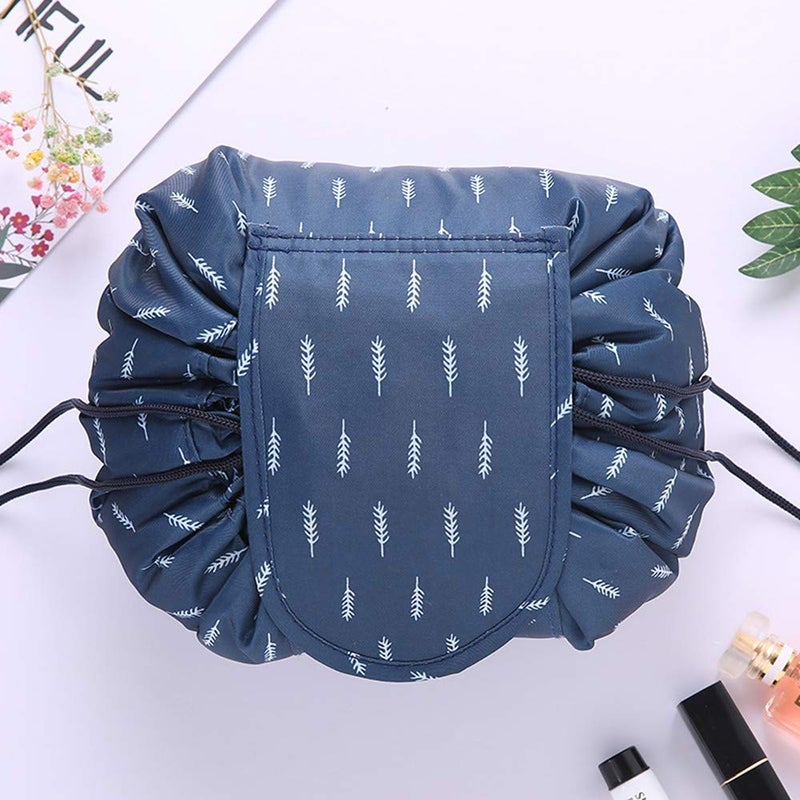 Nirvik Women's Waterproof Travel Cosmetic Bag | Multifunction Portable Makeup & Toiletry Organizer with Drawstrings | Lazy Travel Storage Bag | Dark Blue Leaf - Image 2