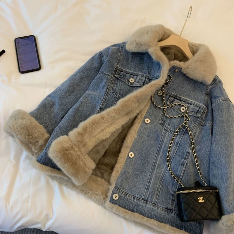 Girls' Lamb Wool Denim Coat Fleece-Lined Thickened Furry Casual Loose Pike Dress - Image 1
