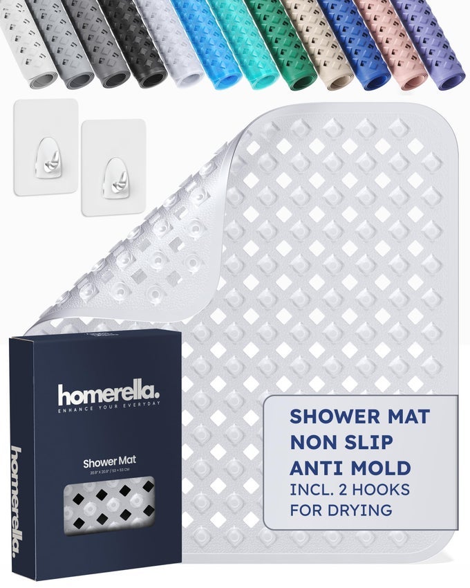 SHOWER MAT NON SLIP ANTI MOLD NON SLIP SHOWER MATS FOR INSIDE SHOWER STALL ANTI SLIP MAT SQUARE SHOWER FLOOR MAT 21 X 21 IN WITH SUCTION CUPS HOOKS FOR QUICK DRYING MACHINE WASHABLE