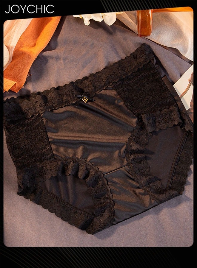 NIBEMINENT Set of 3 Ladies Lace Design Ice Silk Underwear Hygroscopic Breathable Sweet Girls Panties High Stretch Women Underpants Medium Waist Grey+Blue+Black - Image 3