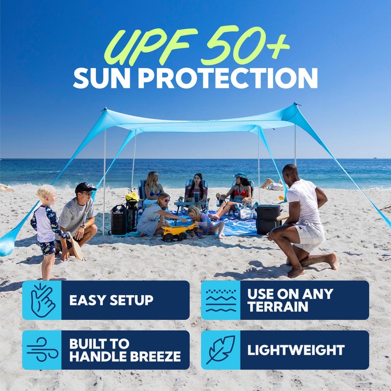 SUN NINJA Beach Tent Sun Shelter UPF50+ - Easy Pop Up Beach Canopy - Outdoor Shade for Camping Trips, Fishing, Backyard Fun Picnics - Sand Shovel, Ground Pegs & Stability Poles - Image 3