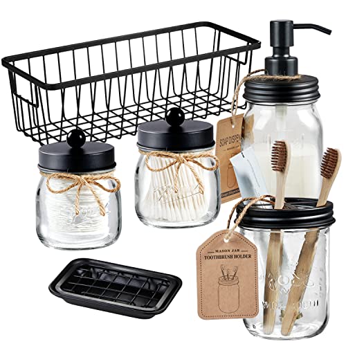 SheeChung 6Pcs Mason Jars Bathroom Accessories Set Complete - Toothbrush Holder, Lotion Soap Dispenser, 2 Mason Jars, Soap Dish, Toilet Paper Basket, Rustic Farmhouse Decor (Black, 6Pcs Bathroom Set) - Image 1