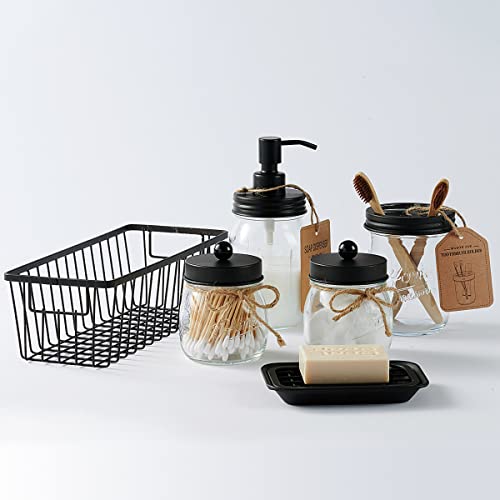 SheeChung 6Pcs Mason Jars Bathroom Accessories Set Complete - Toothbrush Holder, Lotion Soap Dispenser, 2 Mason Jars, Soap Dish, Toilet Paper Basket, Rustic Farmhouse Decor (Black, 6Pcs Bathroom Set) - Image 2