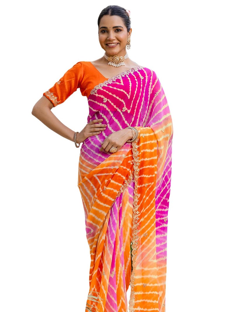 Satrani Women'S Georgette Printed Embroidery & Scalloped Border Saree With Unstitched Blouse Piece (4608S213N_Orange & Rani Pink) - Image 1