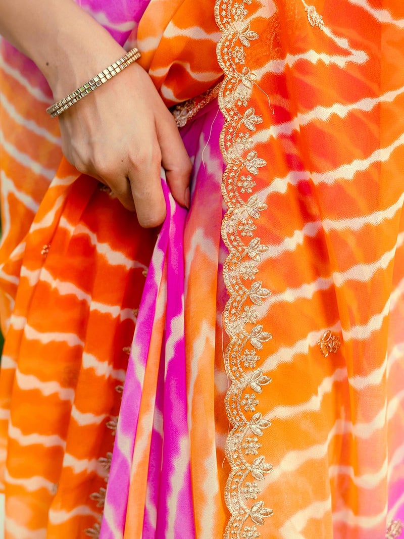 Satrani Women'S Georgette Printed Embroidery & Scalloped Border Saree With Unstitched Blouse Piece (4608S213N_Orange & Rani Pink) - Image 5