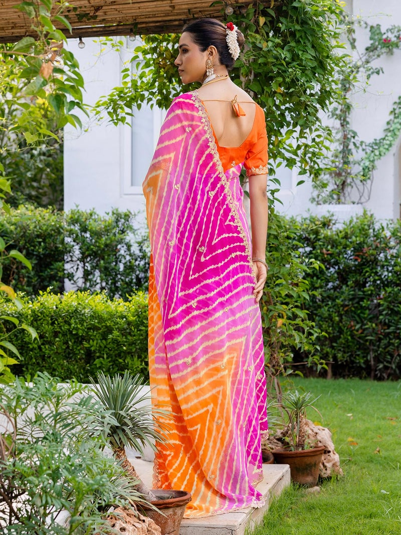 Satrani Women'S Georgette Printed Embroidery & Scalloped Border Saree With Unstitched Blouse Piece (4608S213N_Orange & Rani Pink) - Image 3
