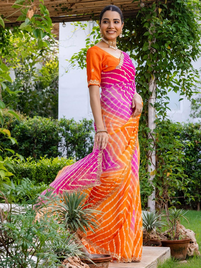Satrani Women'S Georgette Printed Embroidery & Scalloped Border Saree With Unstitched Blouse Piece (4608S213N_Orange & Rani Pink) - Image 2