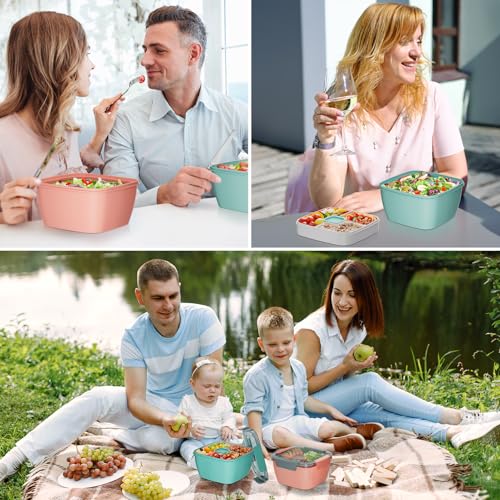 Cherrysea Salad Lunch Box, 2Pack Bowls with 3 Compartments, Leak Proof with Fork & Sauce Container - Green+Pink - Image 5