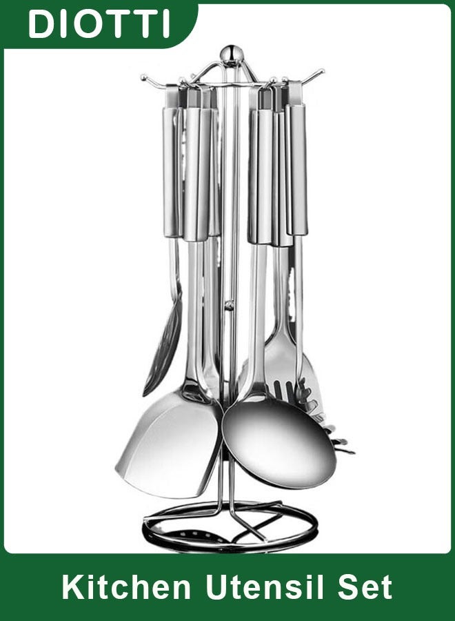 DIOTTI 6-Piece Stainless Steel Kitchen Utensil Set with Holder Stand, Multi Functional Stainless Steel Kitchenware Includes Soup Ladle, Skimmer Spoon, Serving Spoon, Dessert Spoon, Frying Spatula, Wok Spatula & Holder Stand - Image 1