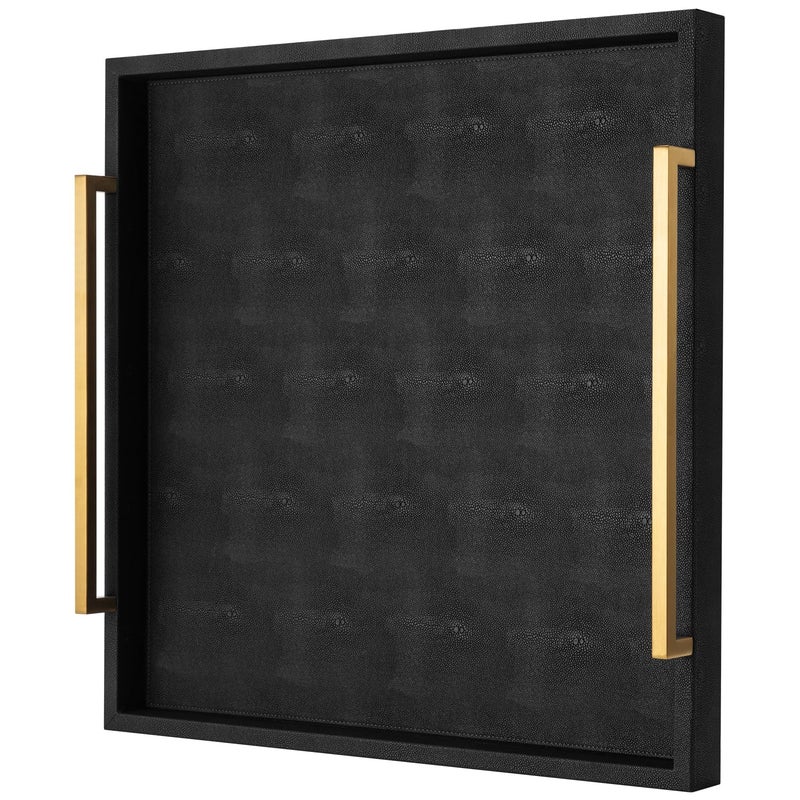 XIGEXIGE Extra Black Large Serving Tray with Handles for Ottoman,Versatile Shagreen Leather Square Ottoman Tray for Living Room - Image 1