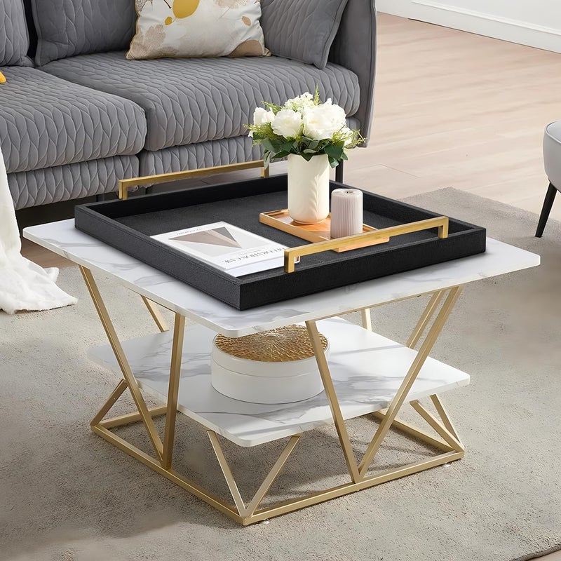 XIGEXIGE Extra Black Large Serving Tray with Handles for Ottoman,Versatile Shagreen Leather Square Ottoman Tray for Living Room - Image 5