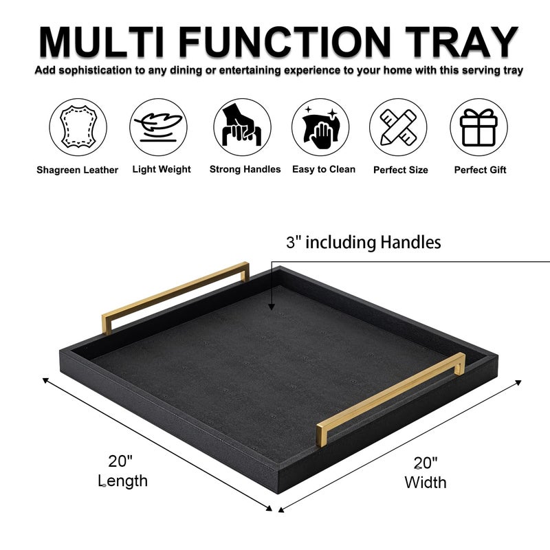 XIGEXIGE Extra Black Large Serving Tray with Handles for Ottoman,Versatile Shagreen Leather Square Ottoman Tray for Living Room - Image 3