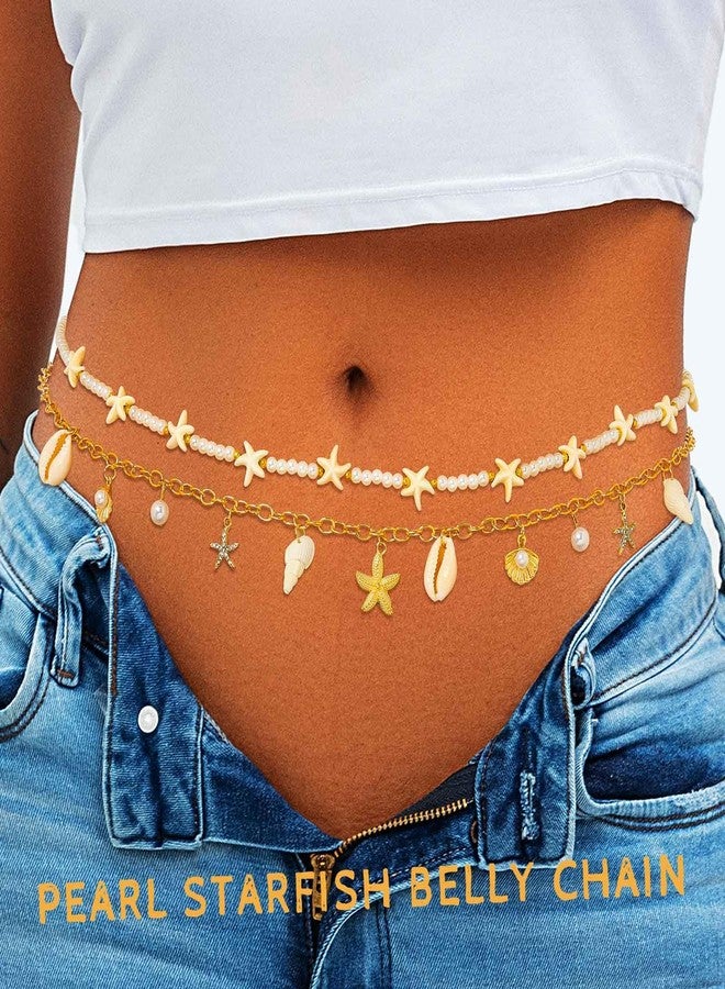 ELABEST Seashell Belly Chain Gold Starfish Pearl Waist Chain Summer Beach Bikini Jewelry for Women (White Conch) - Image 2