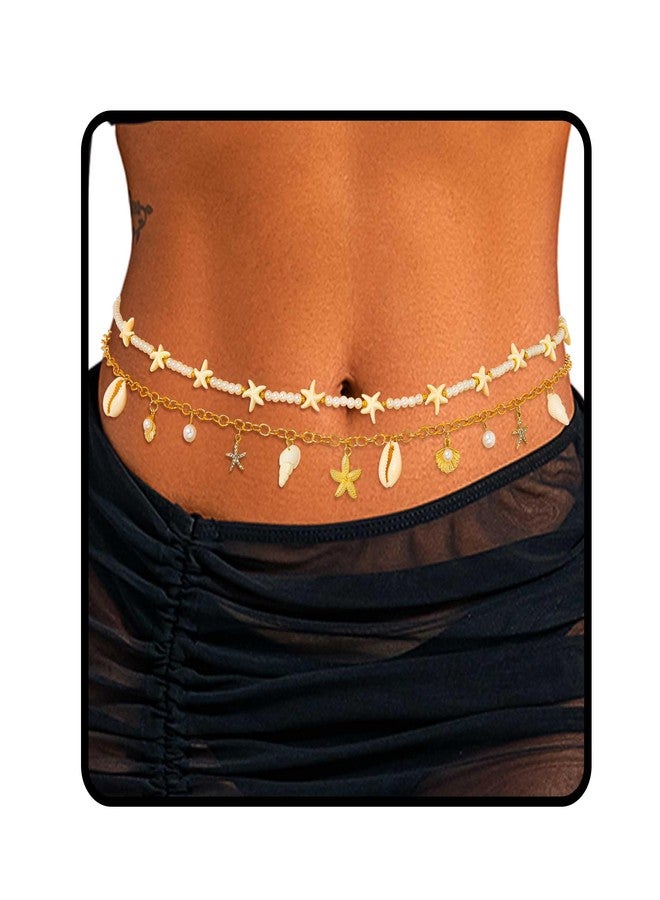 ELABEST Seashell Belly Chain Gold Starfish Pearl Waist Chain Summer Beach Bikini Jewelry for Women (White Conch) - Image 1