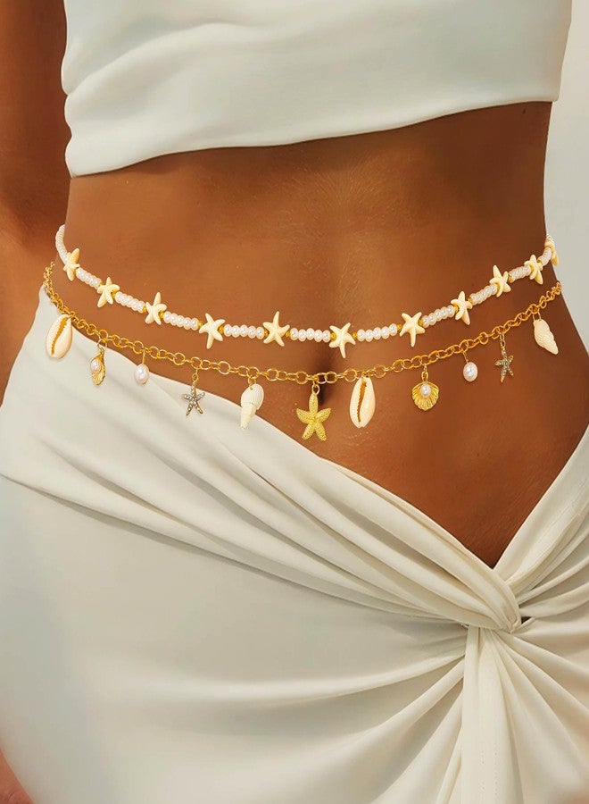ELABEST Seashell Belly Chain Gold Starfish Pearl Waist Chain Summer Beach Bikini Jewelry for Women (White Conch) - Image 3