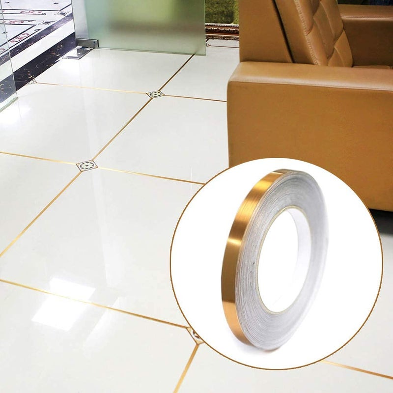 TOMEX Metalized Polyester 10mm Gold Film Border Lining Metallic Tape for Floor Tile Wall Cabinet Gold Strip Sticker| Gold Foil Lines Waterproof Tape| Gold Flooring Tape for Home/Office Décor. - Image 1