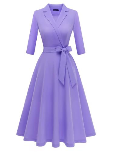 Meetjen Women's Elegant Cocktail Party Dresses Long Sleeve Fit and Flare Modest Church Midi Evening Dress,Lavender,XL - Image 1