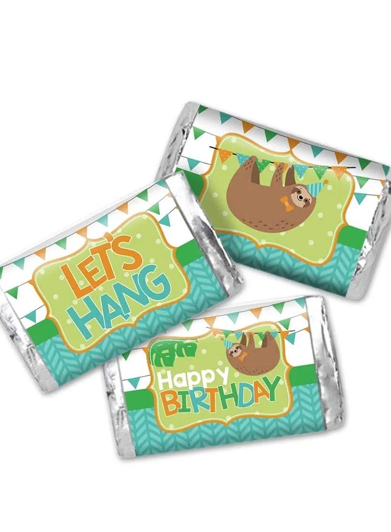 Let’s Hang Sloth Themed Birthday Party Mini Chocolate Candy Bar Sticker Wrappers for Boys, 45 1.4" x 2.6" Wrap Around Labels by Great for Party Favors - Image 1