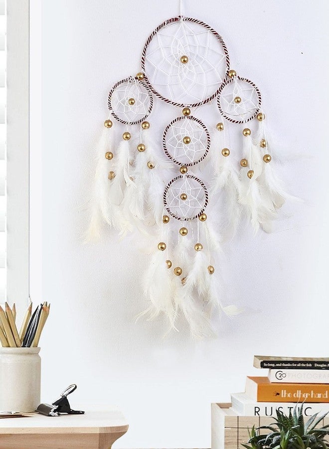 Rooh dream catcher ~ White and Brown 4 Tier with Pretty Lights ~ Handmade Hangings for Positivity ( Can be Used as Home Decor, Gift, Wall Hangings, Meditation Room, Yoga Temple, Feather Wind Chime & Car Hanging ) - Image 2