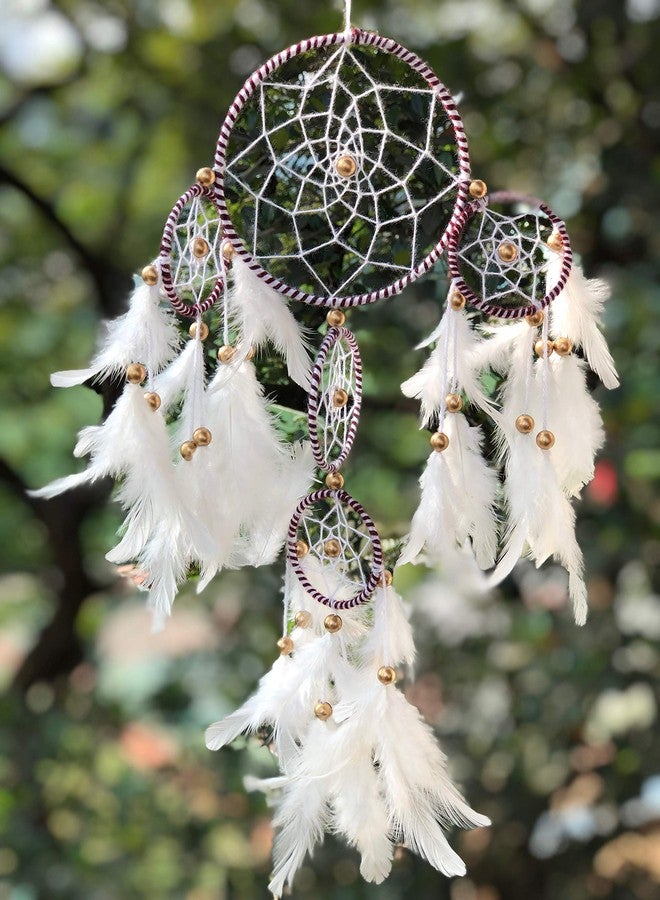 Rooh dream catcher ~ White and Brown 4 Tier with Pretty Lights ~ Handmade Hangings for Positivity ( Can be Used as Home Decor, Gift, Wall Hangings, Meditation Room, Yoga Temple, Feather Wind Chime & Car Hanging ) - Image 3