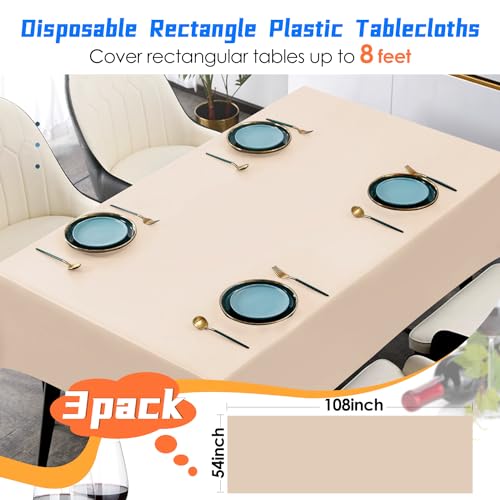 YSYJ 3 Pack Beige Plastic Tablecloth Disposable Rectangular Table Cloth 54 x 108 Inch Table Cover for Parties - Image 2
