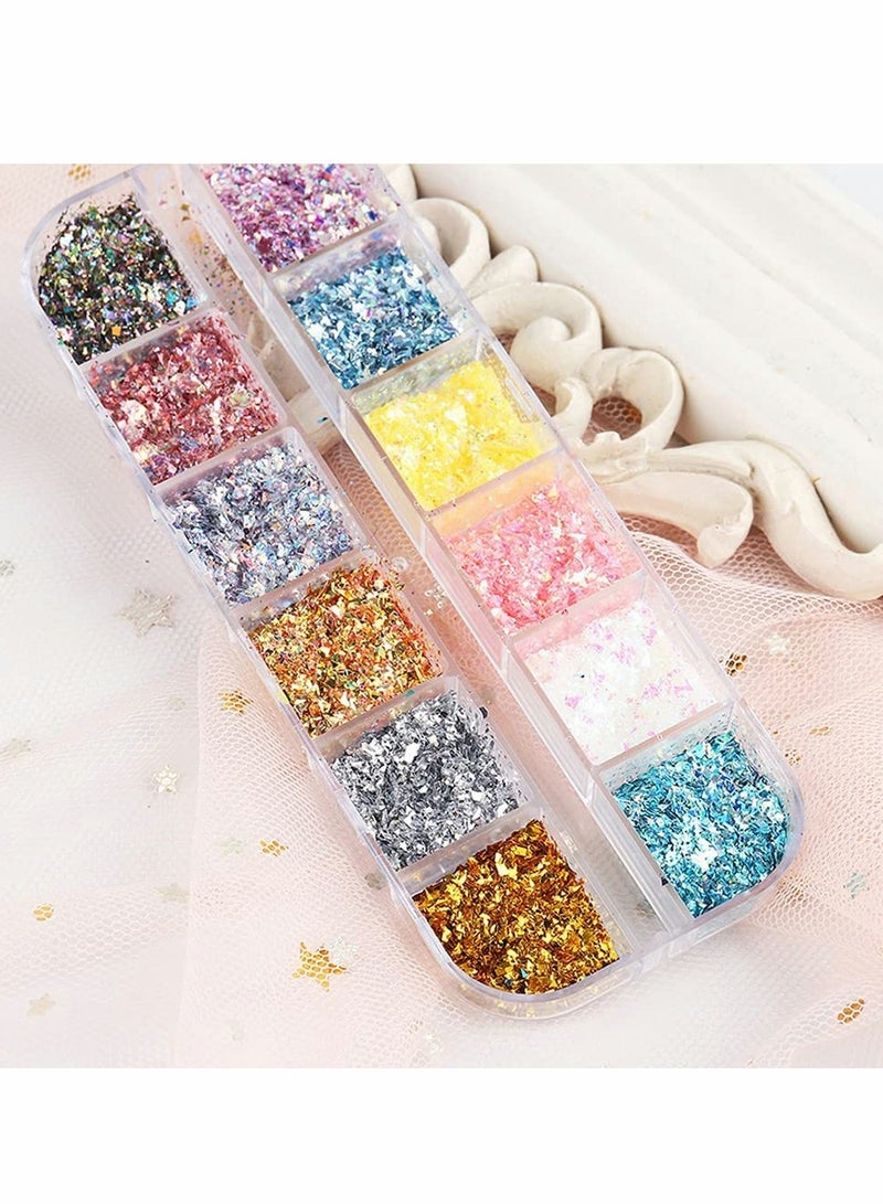 Excefore Nail Art Foil Flakes, 12 Colors Nail Foil Flakes Glitters, Foil Nail Chip Glitter Mixed Color Nail Foil Paillette 3D Glitter Decoration DIY Design Accessories for Nail DIY/Makeup/Graft/Nail Art - Image 3