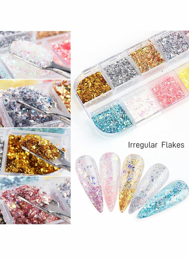Excefore Nail Art Foil Flakes, 12 Colors Nail Foil Flakes Glitters, Foil Nail Chip Glitter Mixed Color Nail Foil Paillette 3D Glitter Decoration DIY Design Accessories for Nail DIY/Makeup/Graft/Nail Art - Image 2