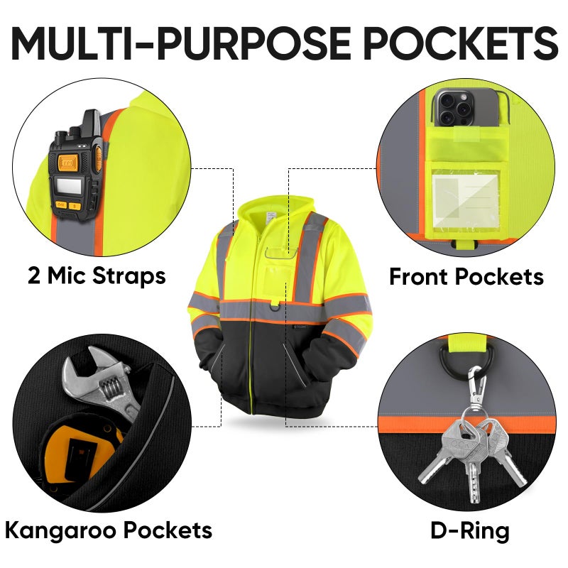 TICONN High Visibility Safety Sweatshirt Hoodie, Reflective Hi-Vis ANSI Class 3 Fleece Zippered Hooded Jacket with Black Bottom for men and women (Yellow&Black, 2XL) - Image 4