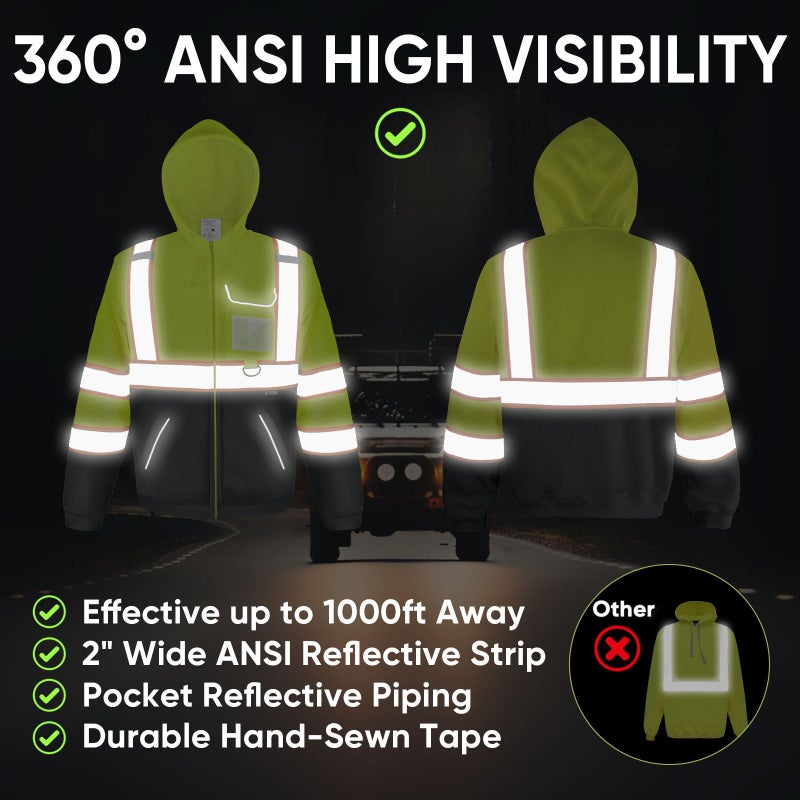 TICONN High Visibility Safety Sweatshirt Hoodie, Reflective Hi-Vis ANSI Class 3 Fleece Zippered Hooded Jacket with Black Bottom for men and women (Yellow&Black, 2XL) - Image 2
