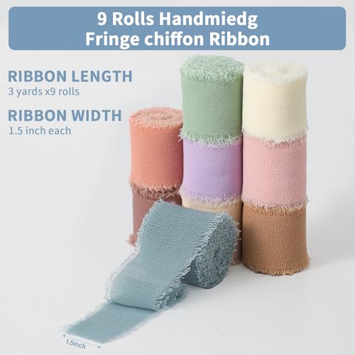 CRTWDMAN 1.5" x 27 Yd Chiffon Ribbon Mixed Color Ribbons Set 9 Rolls Handmade Fringe Fabric for Wedding Invitations Bridal Bouquets DIY Crafts Home Decor Bow Making(9 Rolls*3Yd) - Image 2