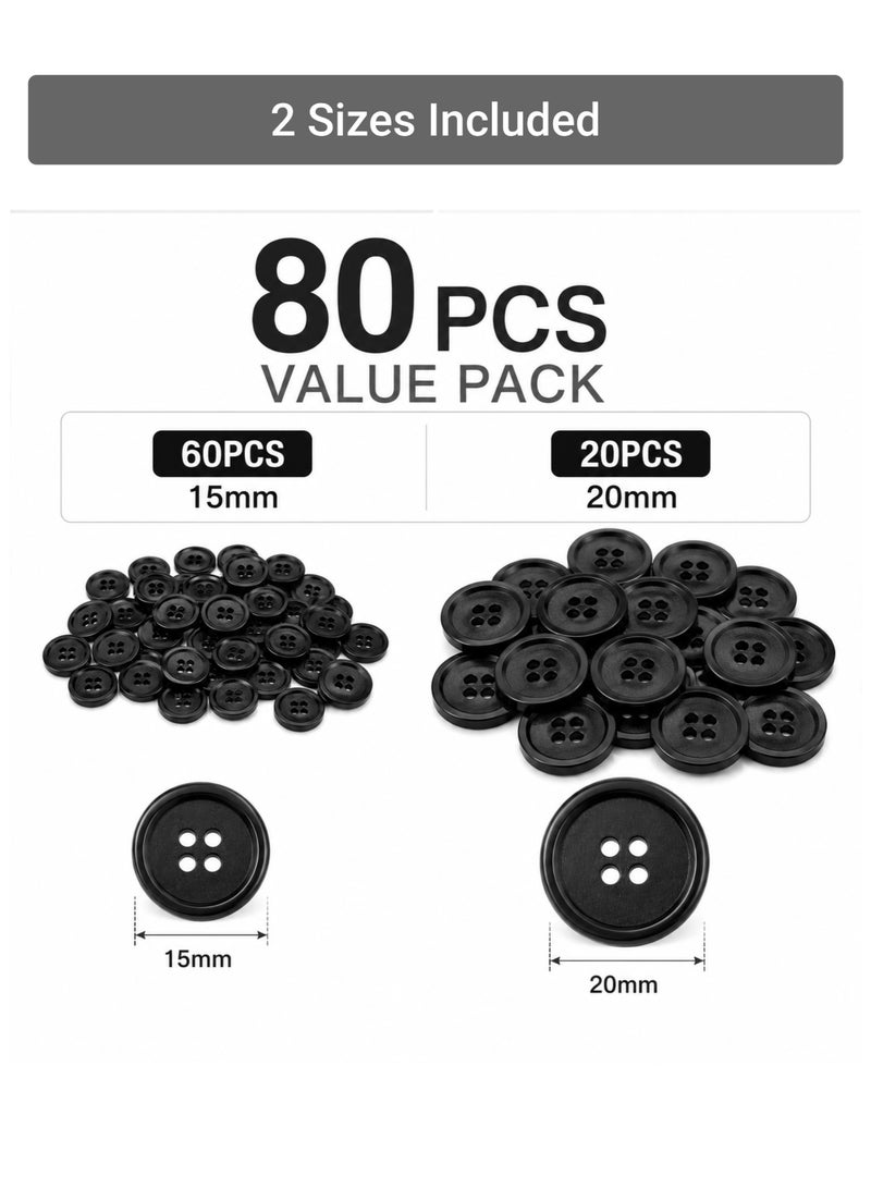 Clothing Repair Buttons Set 80PCS, Sewing Buttons 15mm 60PCS & 20mm 20PCS, Black Replacement Buttons for Shirts, Coats, Pants & DIY Sewing - Image 3