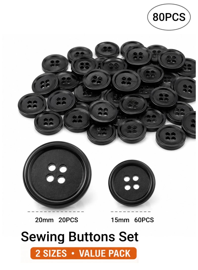 Clothing Repair Buttons Set 80PCS, Sewing Buttons 15mm 60PCS & 20mm 20PCS, Black Replacement Buttons for Shirts, Coats, Pants & DIY Sewing - Image 1
