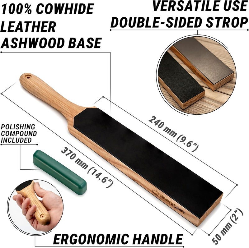 BeaverCraft Leather Strop for Knife Sharpening - Dual-Sided Knife Strop with Stropping Compound Kit - Honing Strop Block 14" for Woodcarving Tools, Chisel Knife Sharpening Kit Leather Sharpener LS6P1 - Image 2