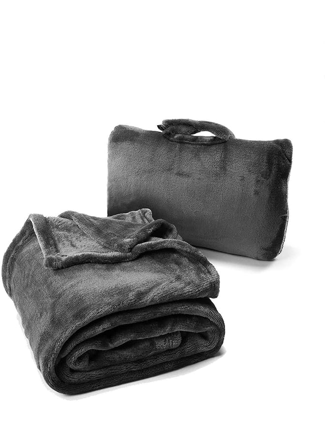 إيروريكس بطانية سفر قابلة للطي والحمل بالإضافة إلى حقيبة صغيرة محمولة للاستخدام في المنزل والسفر تعمل كوسادة أسفل الظهر ووسادة لدعم الرقبة من الألياف الدقيقة الفرنسية المريحة باللون الأسود الفحمي Blfg2092 - Image 1