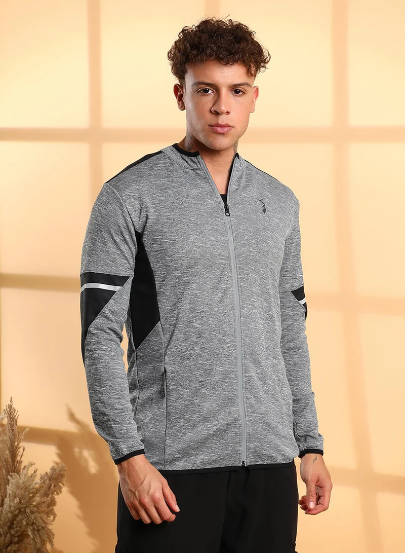 Campus Sutra Men's Grey Heathered Activewear Jacket With Contrast Detail