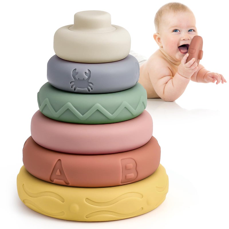 Mini Tudou 6 Pcs Stacking & Nesting Circle Toy,Soft Building Rings Stacker & Teethers,Squeeze Play with Early Educational Learning Stacking Tower, Toy for 6+ Months Boys&Girls - Image 1
