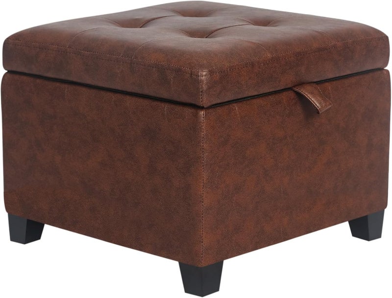 Adeco Small Faux Leather Storage Ottoman Bench with Wood Legs, Square Red & Brown PU Cube Foot Stool, Upholstered Button Tufted Vanity Chair with Hinged Lid for Living Room, Bedroom, Dorm - Image 1