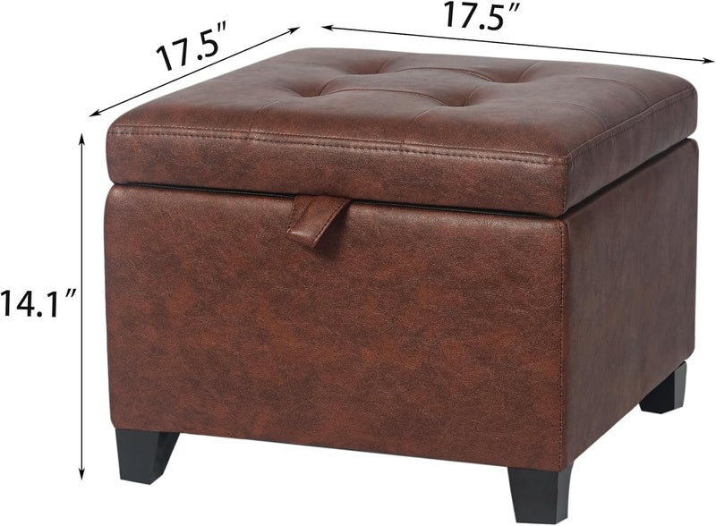 Adeco Small Faux Leather Storage Ottoman Bench with Wood Legs, Square Red & Brown PU Cube Foot Stool, Upholstered Button Tufted Vanity Chair with Hinged Lid for Living Room, Bedroom, Dorm - Image 3