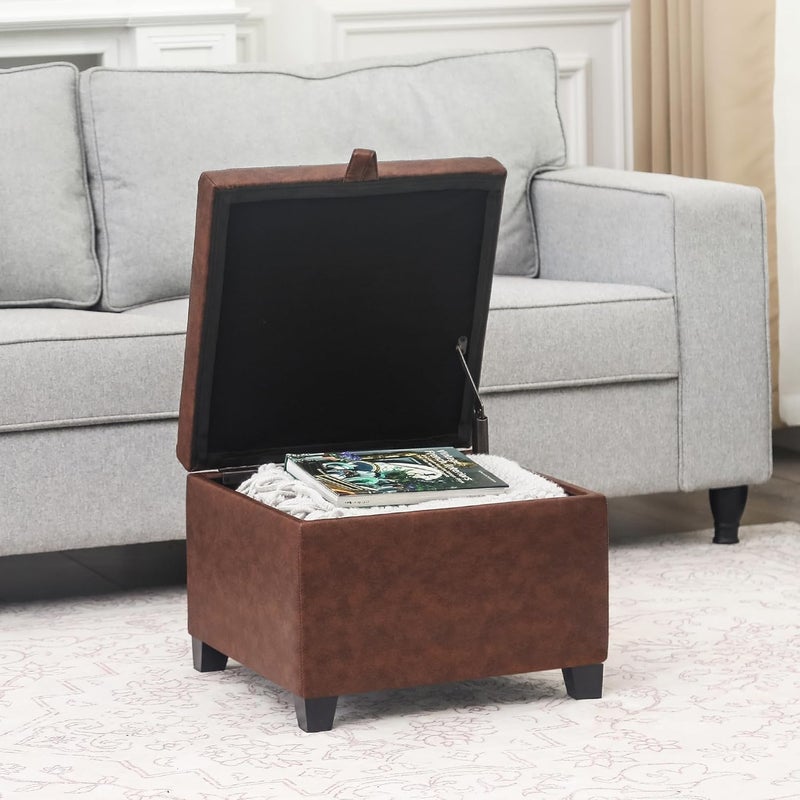 Adeco Small Faux Leather Storage Ottoman Bench with Wood Legs, Square Red & Brown PU Cube Foot Stool, Upholstered Button Tufted Vanity Chair with Hinged Lid for Living Room, Bedroom, Dorm - Image 5