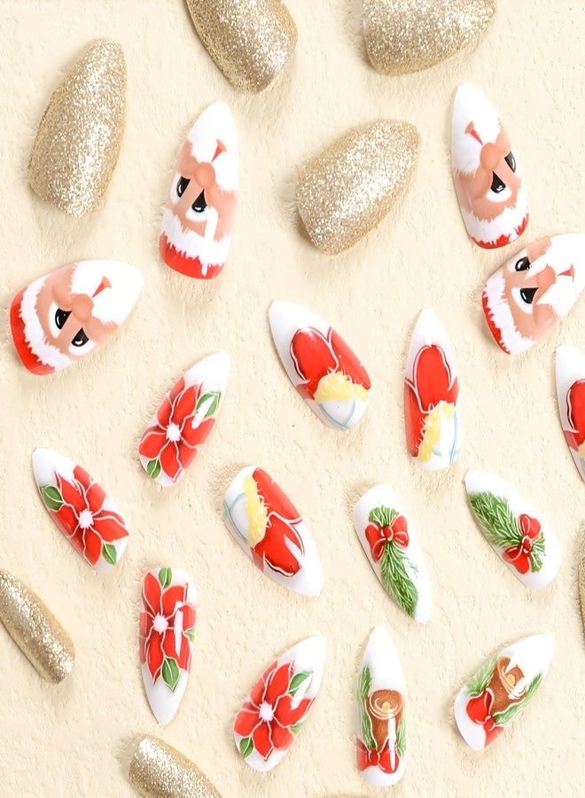 SPLOCUDU Almond Christmas Press on Nails Medium Red Santa Claus Fake Nails Gold Glitter Full Cover False Nails Acrylic Nails Christmas Glue on Nails Stick on Nails for Women and Girls - Image 2