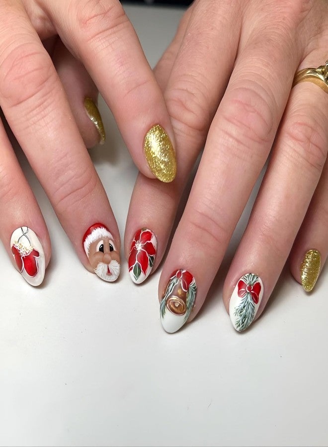 SPLOCUDU Almond Christmas Press on Nails Medium Red Santa Claus Fake Nails Gold Glitter Full Cover False Nails Acrylic Nails Christmas Glue on Nails Stick on Nails for Women and Girls - Image 1