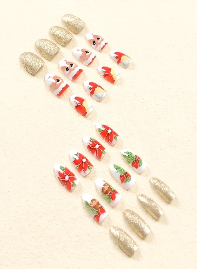 SPLOCUDU Almond Christmas Press on Nails Medium Red Santa Claus Fake Nails Gold Glitter Full Cover False Nails Acrylic Nails Christmas Glue on Nails Stick on Nails for Women and Girls - Image 4