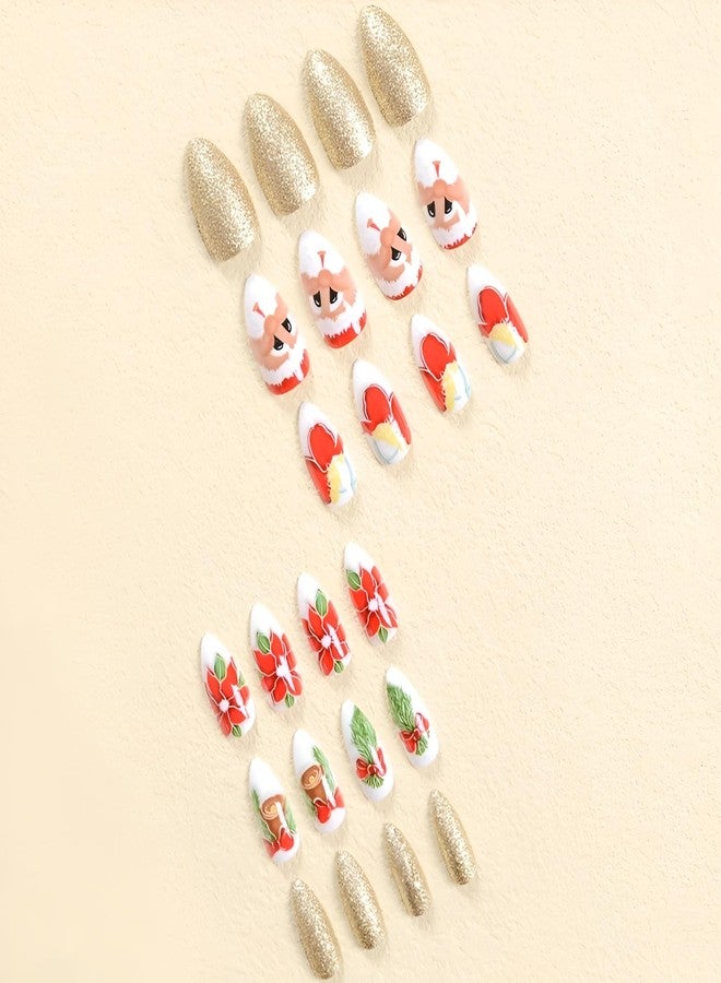 SPLOCUDU Almond Christmas Press on Nails Medium Red Santa Claus Fake Nails Gold Glitter Full Cover False Nails Acrylic Nails Christmas Glue on Nails Stick on Nails for Women and Girls - Image 3